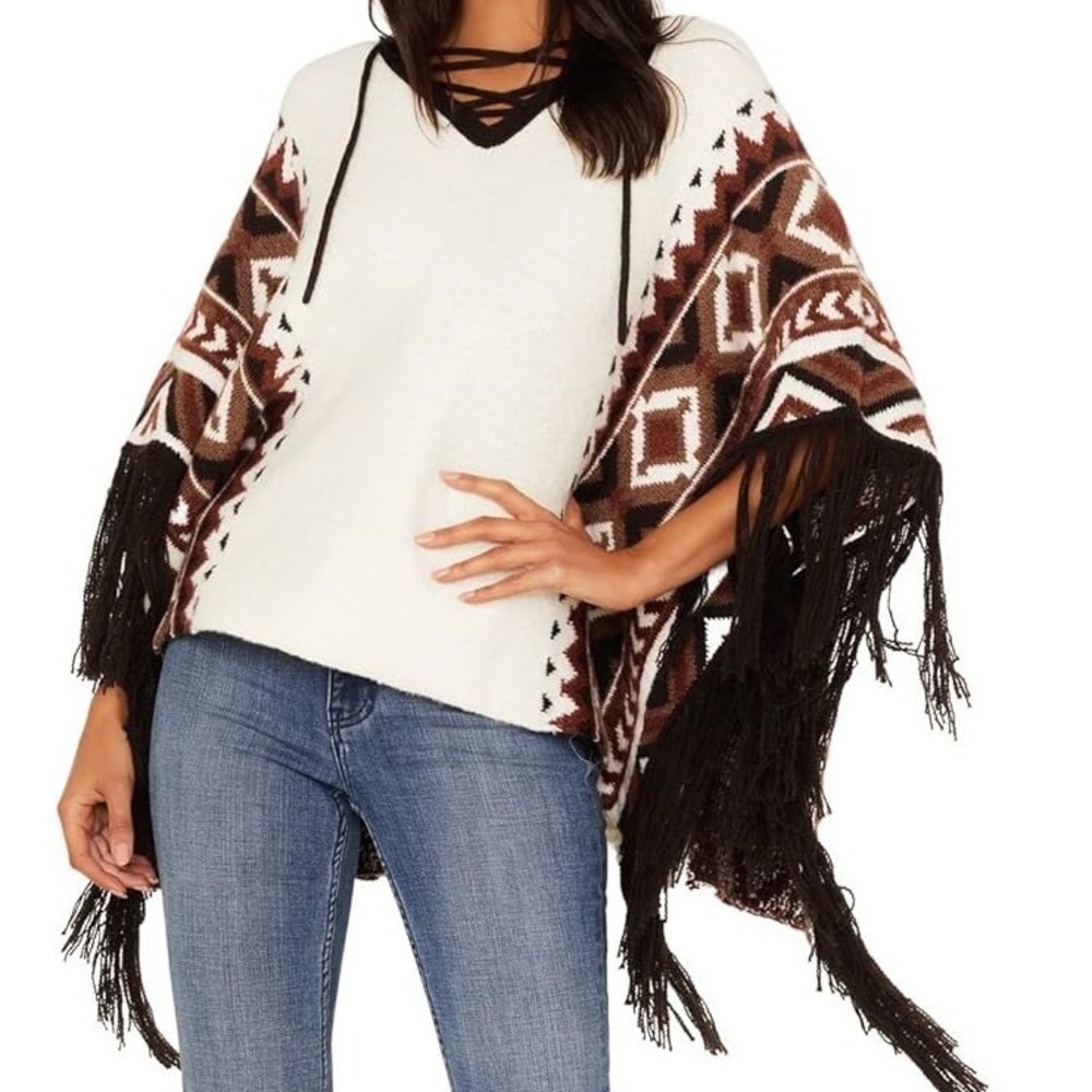 Idyllwind‎ Miranda Lambert Poncho Sweater Southwest Geometric Fringe Tan S P